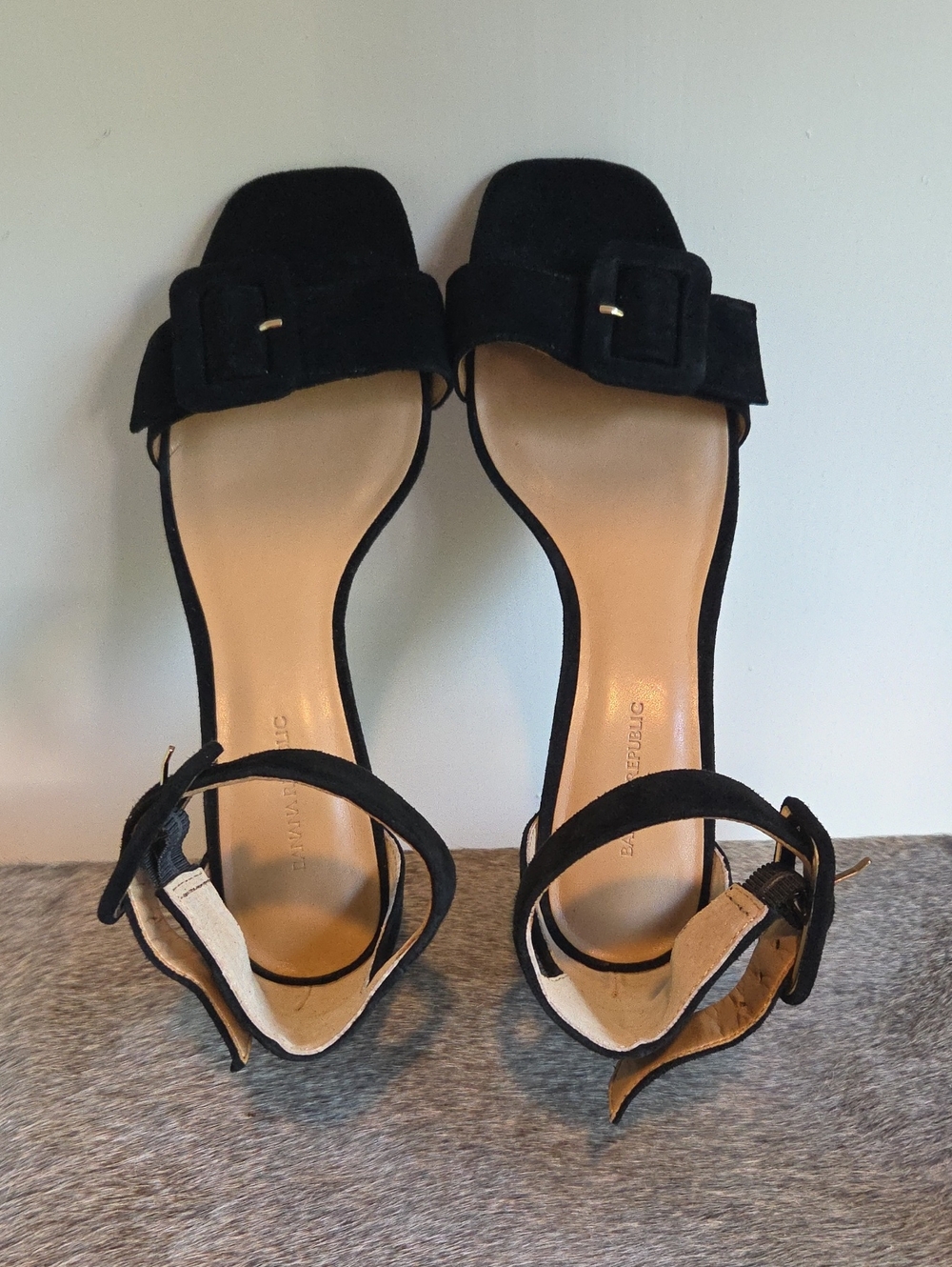 Banana Republic Black Suede Buckle Ankle-Strap Heeled Open Toed Shoes